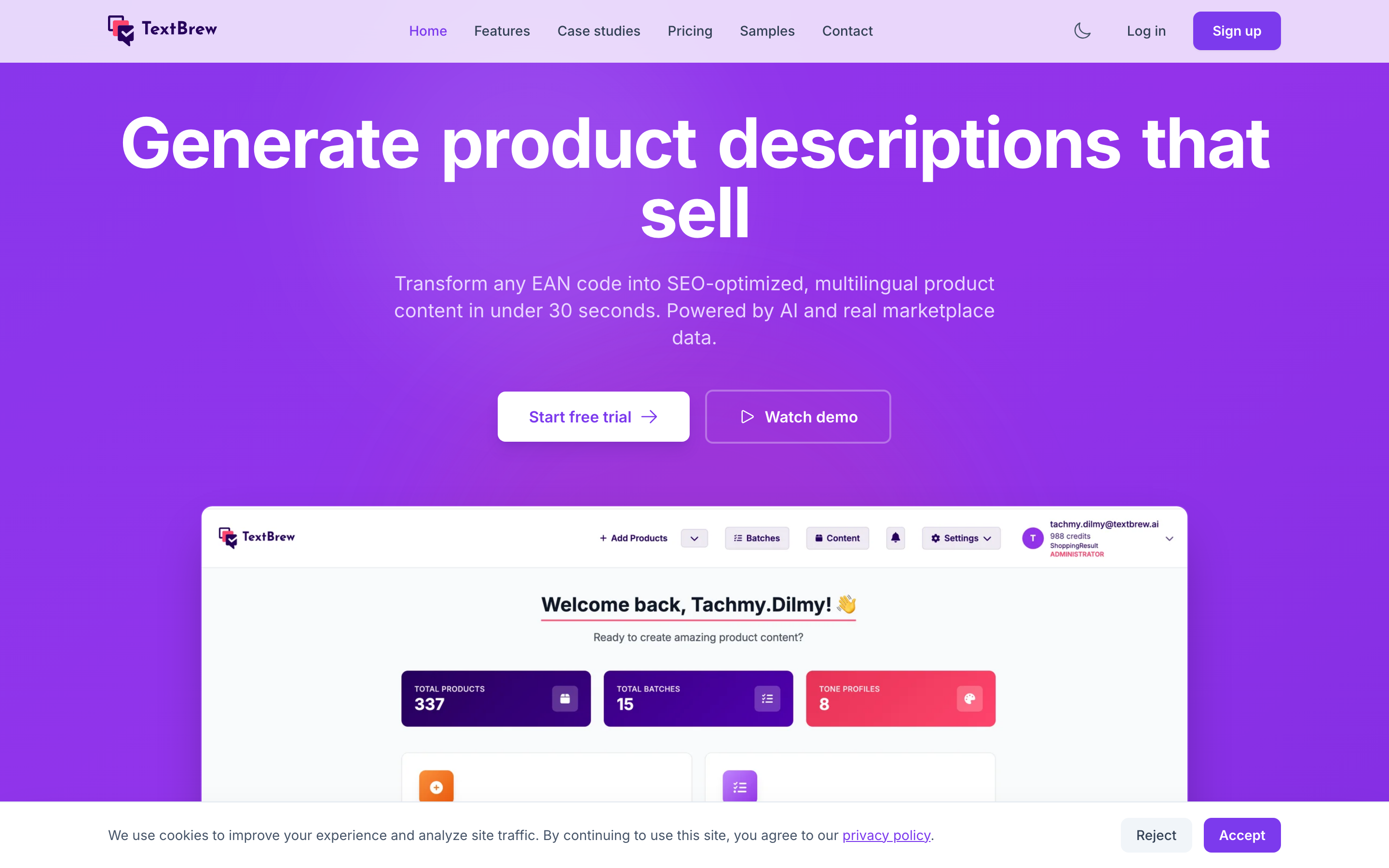 TextBrew.ai website - AI product description generator