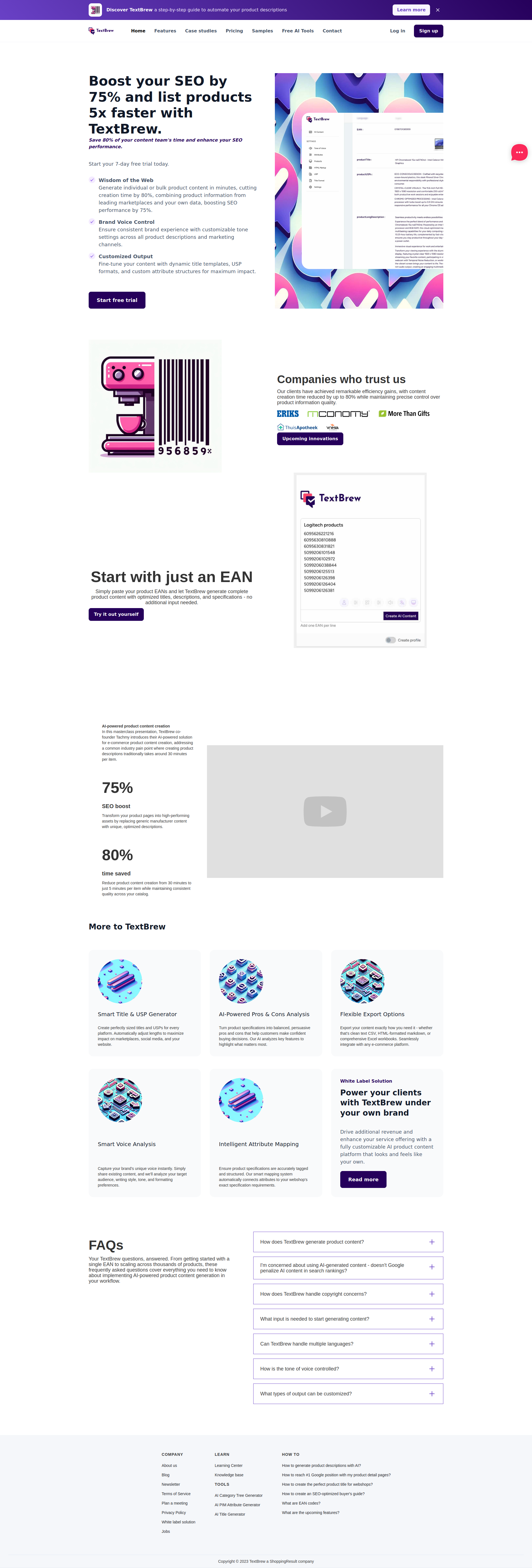 TextBrew.ai website - AI product description generator